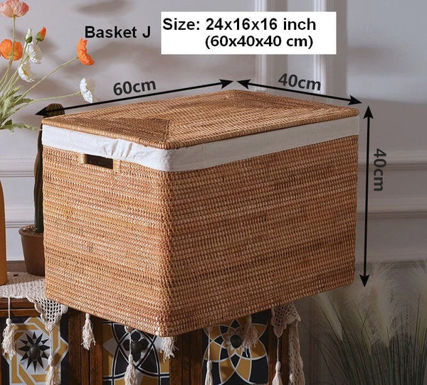 Extra Large Storage Baskets for Clothes, Oversized Rectangular Storage Basket with Lid, Wicker Rattan Storage Basket for Shelves, Storage Baskets for Bedroom-Silvia Home Craft