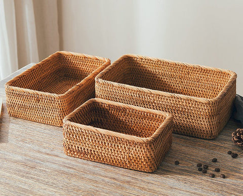 Woven Rectangular Basket for Shelves, Rattan Storage Basket, Storage Baskets for Bathroom, Woven Baskets for Living Room-Silvia Home Craft