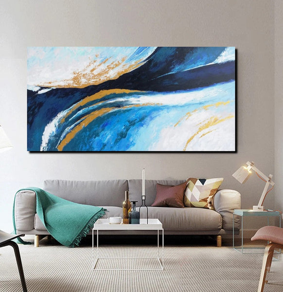 Living Room Wall Art Paintings, Blue Acrylic Abstract Painting Behind Couch, Large Painting on Canvas, Buy Paintings Online, Acrylic Painting for Sale-Silvia Home Craft