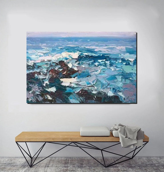 Landscape Canvas Paintings, Seascape Painting, Acrylic Paintings for Living Room, Abstract Landscape Paintings, Seascape Big Wave Painting, Heavy Texture Canvas Art-Silvia Home Craft