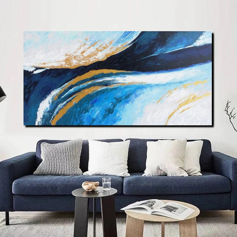 Living Room Wall Art Paintings, Blue Acrylic Abstract Painting Behind Couch, Large Painting on Canvas, Buy Paintings Online, Acrylic Painting for Sale-Silvia Home Craft