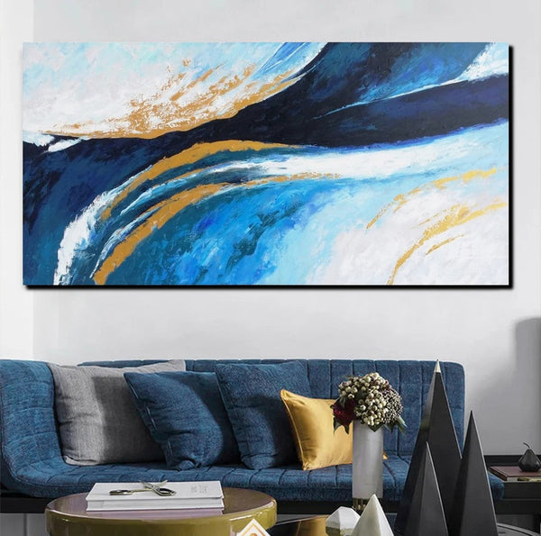 Living Room Wall Art Paintings, Blue Acrylic Abstract Painting Behind Couch, Large Painting on Canvas, Buy Paintings Online, Acrylic Painting for Sale-Silvia Home Craft