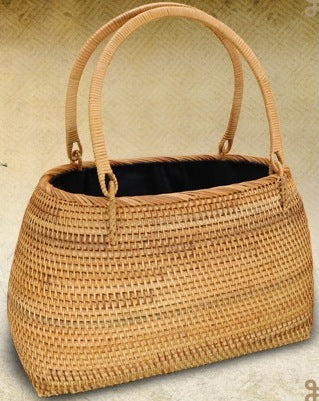 Handmade Rattan Wicker Serving Basket, Small Vintage Woven Handbag-Silvia Home Craft