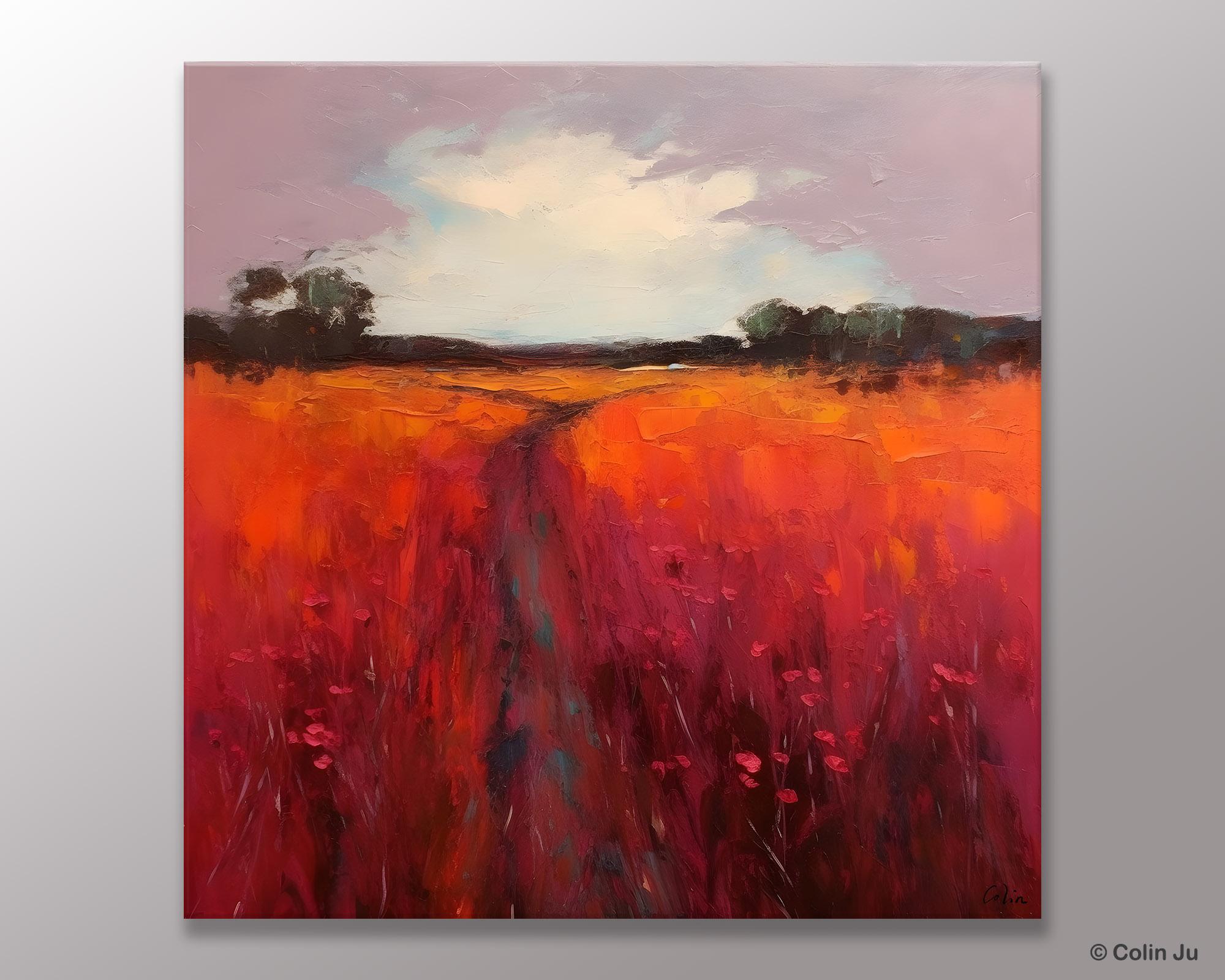 Landscape Canvas Paintings, Acrylic Abstract Art on Canvas, Red Poppy Flower Field Painting, Landscape Acrylic Painting, Living Room Wall Art Paintings-Silvia Home Craft