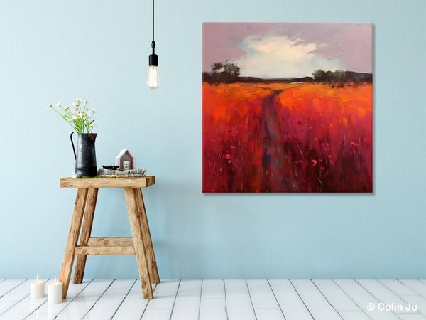 Landscape Canvas Paintings, Acrylic Abstract Art on Canvas, Red Poppy Flower Field Painting, Landscape Acrylic Painting, Living Room Wall Art Paintings-Silvia Home Craft