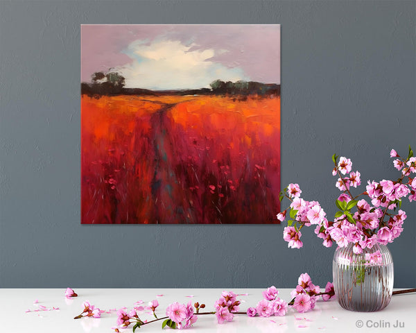 Landscape Canvas Paintings, Acrylic Abstract Art on Canvas, Red Poppy Flower Field Painting, Landscape Acrylic Painting, Living Room Wall Art Paintings-Silvia Home Craft