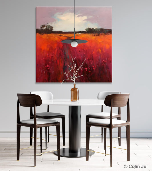 Landscape Canvas Paintings, Acrylic Abstract Art on Canvas, Red Poppy Flower Field Painting, Landscape Acrylic Painting, Living Room Wall Art Paintings-Silvia Home Craft