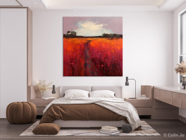 Landscape Canvas Paintings, Acrylic Abstract Art on Canvas, Red Poppy Flower Field Painting, Landscape Acrylic Painting, Living Room Wall Art Paintings-Silvia Home Craft