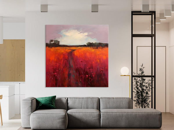 Landscape Canvas Paintings, Acrylic Abstract Art on Canvas, Red Poppy Flower Field Painting, Landscape Acrylic Painting, Living Room Wall Art Paintings-Silvia Home Craft