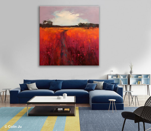 Landscape Canvas Paintings, Acrylic Abstract Art on Canvas, Red Poppy Flower Field Painting, Landscape Acrylic Painting, Living Room Wall Art Paintings-Silvia Home Craft