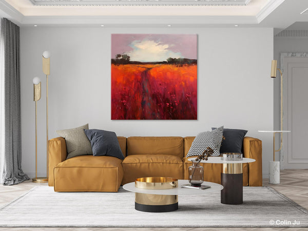 Landscape Canvas Paintings, Acrylic Abstract Art on Canvas, Red Poppy Flower Field Painting, Landscape Acrylic Painting, Living Room Wall Art Paintings-Silvia Home Craft