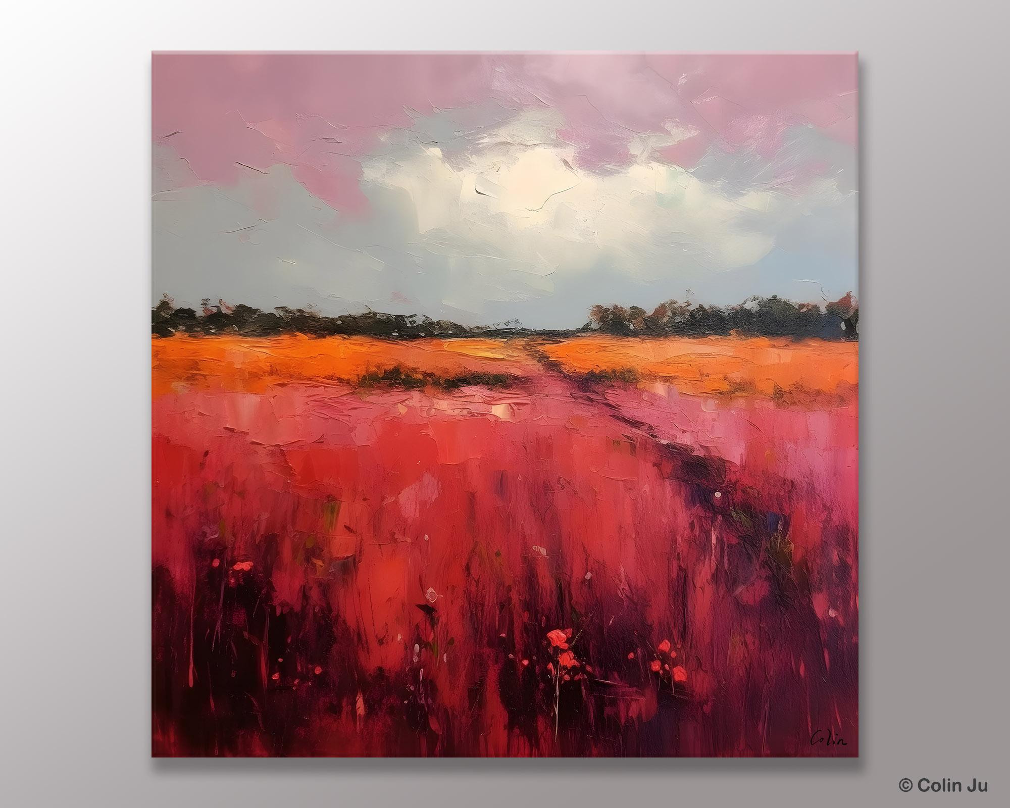 Landscape Paintings for Living Room, Abstract Canvas Painting, Abstract Landscape Art, Red Poppy Field Painting, Original Hand Painted Wall Art-Silvia Home Craft