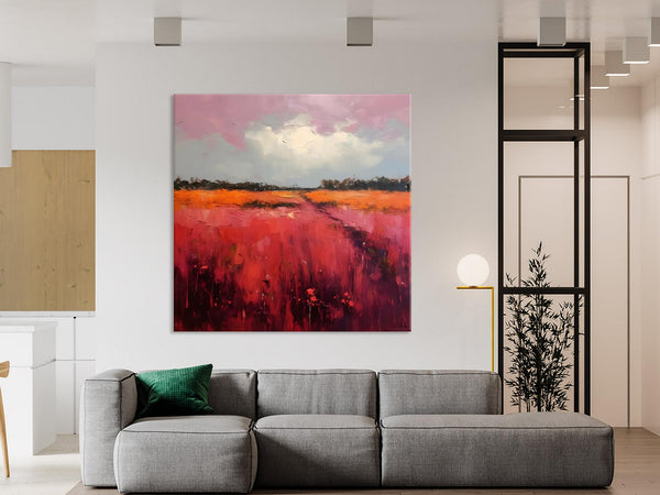 Landscape Paintings for Living Room, Abstract Canvas Painting, Abstract Landscape Art, Red Poppy Field Painting, Original Hand Painted Wall Art-Silvia Home Craft
