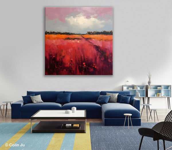 Landscape Paintings for Living Room, Abstract Canvas Painting, Abstract Landscape Art, Red Poppy Field Painting, Original Hand Painted Wall Art-Silvia Home Craft