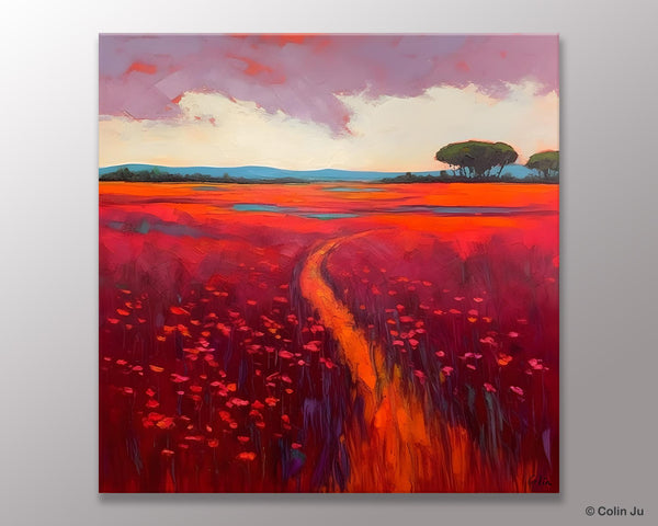 Original Hand Painted Wall Art, Landscape Paintings for Living Room, Abstract Canvas Painting, Abstract Landscape Art, Red Poppy Field Painting-Silvia Home Craft
