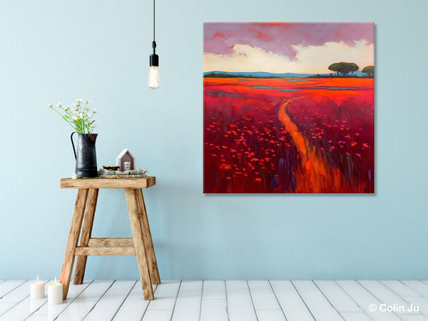 Original Hand Painted Wall Art, Landscape Paintings for Living Room, Abstract Canvas Painting, Abstract Landscape Art, Red Poppy Field Painting-Silvia Home Craft
