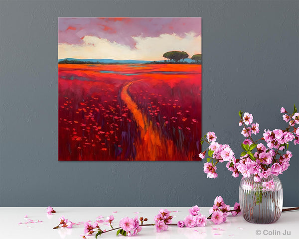 Original Hand Painted Wall Art, Landscape Paintings for Living Room, Abstract Canvas Painting, Abstract Landscape Art, Red Poppy Field Painting-Silvia Home Craft