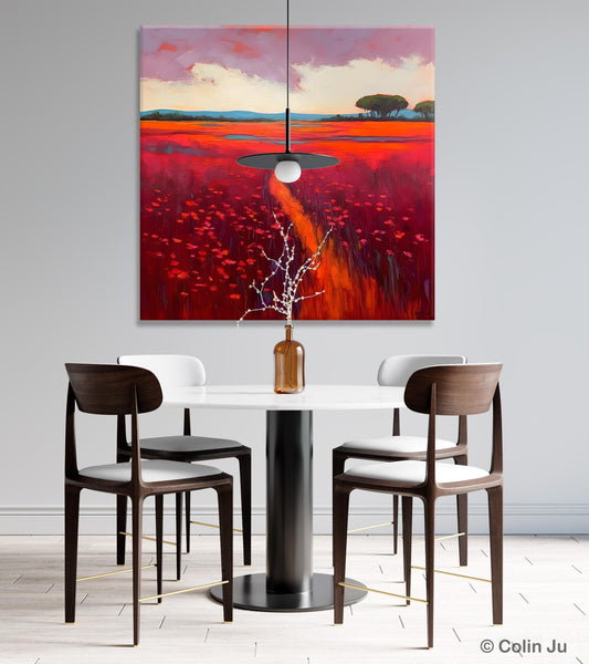 Original Hand Painted Wall Art, Landscape Paintings for Living Room, Abstract Canvas Painting, Abstract Landscape Art, Red Poppy Field Painting-Silvia Home Craft