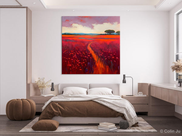 Original Hand Painted Wall Art, Landscape Paintings for Living Room, Abstract Canvas Painting, Abstract Landscape Art, Red Poppy Field Painting-Silvia Home Craft