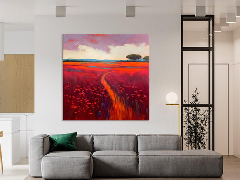 Original Hand Painted Wall Art, Landscape Paintings for Living Room, Abstract Canvas Painting, Abstract Landscape Art, Red Poppy Field Painting-Silvia Home Craft