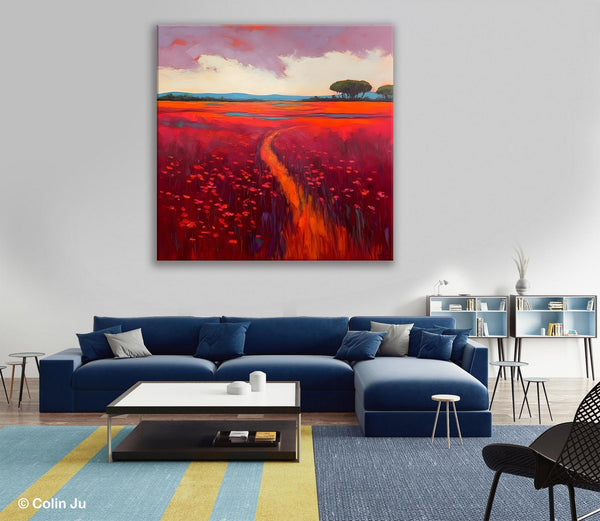 Original Hand Painted Wall Art, Landscape Paintings for Living Room, Abstract Canvas Painting, Abstract Landscape Art, Red Poppy Field Painting-Silvia Home Craft