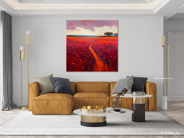 Original Hand Painted Wall Art, Landscape Paintings for Living Room, Abstract Canvas Painting, Abstract Landscape Art, Red Poppy Field Painting-Silvia Home Craft