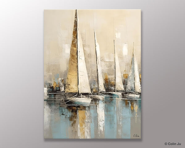 Modern Abstract Wall Art Paintings, Large Original Canvas Art for Bedroom, Large Painting Ideas for Living Room, Sail Boat Canvas Painting-Silvia Home Craft