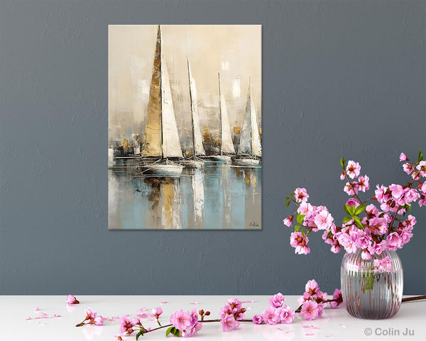 Modern Abstract Wall Art Paintings, Large Original Canvas Art for Bedroom, Large Painting Ideas for Living Room, Sail Boat Canvas Painting-Silvia Home Craft