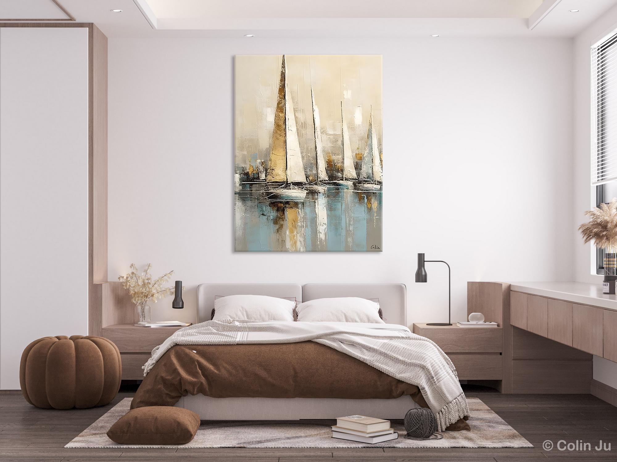 Modern Abstract Wall Art Paintings, Large Original Canvas Art for Bedroom, Large Painting Ideas for Living Room, Sail Boat Canvas Painting-Silvia Home Craft