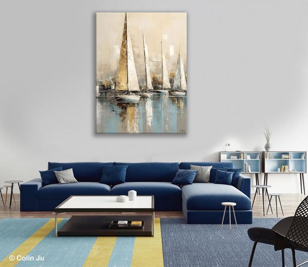 Modern Abstract Wall Art Paintings, Large Original Canvas Art for Bedroom, Large Painting Ideas for Living Room, Sail Boat Canvas Painting-Silvia Home Craft