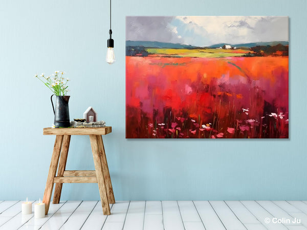 Abstract Canvas Painting, Landscape Paintings for Living Room, Red Poppy Field Painting, Original Hand Painted Wall Art, Abstract Landscape Art-Silvia Home Craft
