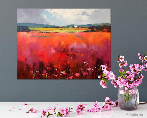 Abstract Canvas Painting, Landscape Paintings for Living Room, Red Poppy Field Painting, Original Hand Painted Wall Art, Abstract Landscape Art-Silvia Home Craft