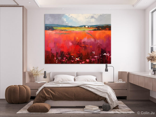 Abstract Canvas Painting, Landscape Paintings for Living Room, Red Poppy Field Painting, Original Hand Painted Wall Art, Abstract Landscape Art-Silvia Home Craft