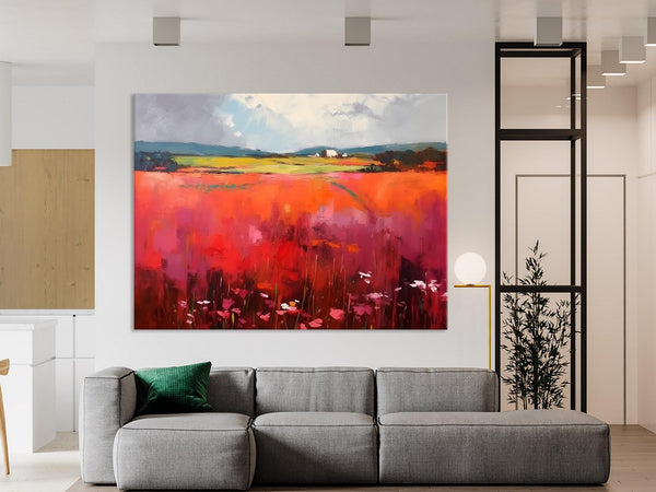 Abstract Canvas Painting, Landscape Paintings for Living Room, Red Poppy Field Painting, Original Hand Painted Wall Art, Abstract Landscape Art-Silvia Home Craft