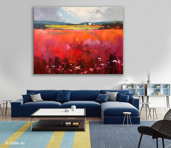 Abstract Canvas Painting, Landscape Paintings for Living Room, Red Poppy Field Painting, Original Hand Painted Wall Art, Abstract Landscape Art-Silvia Home Craft