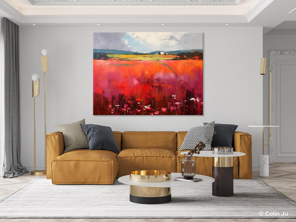 Abstract Canvas Painting, Landscape Paintings for Living Room, Red Poppy Field Painting, Original Hand Painted Wall Art, Abstract Landscape Art-Silvia Home Craft