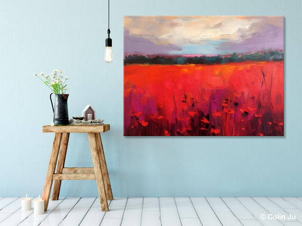 Simple Modern Art, Original Landscape Painting, Landscape Paintings for Living Room, Poppy Filed Canvas Paintings, Large Wall Art Paintings-Silvia Home Craft