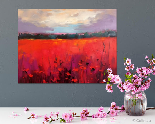 Simple Modern Art, Original Landscape Painting, Landscape Paintings for Living Room, Poppy Filed Canvas Paintings, Large Wall Art Paintings-Silvia Home Craft