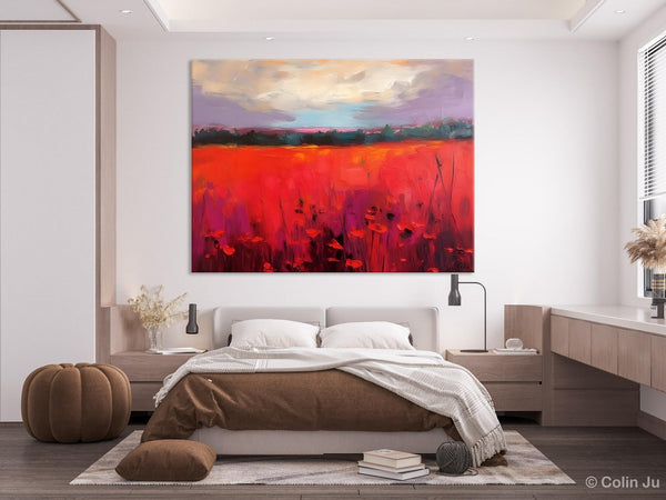 Simple Modern Art, Original Landscape Painting, Landscape Paintings for Living Room, Poppy Filed Canvas Paintings, Large Wall Art Paintings-Silvia Home Craft