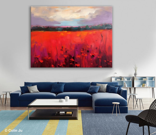 Simple Modern Art, Original Landscape Painting, Landscape Paintings for Living Room, Poppy Filed Canvas Paintings, Large Wall Art Paintings-Silvia Home Craft