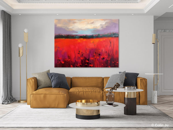 Simple Modern Art, Original Landscape Painting, Landscape Paintings for Living Room, Poppy Filed Canvas Paintings, Large Wall Art Paintings-Silvia Home Craft