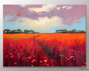 Acrylic Abstract Art, Landscape Canvas Paintings, Red Poppy Flower Field Painting, Landscape Acrylic Painting, Living Room Wall Art Paintings-Silvia Home Craft