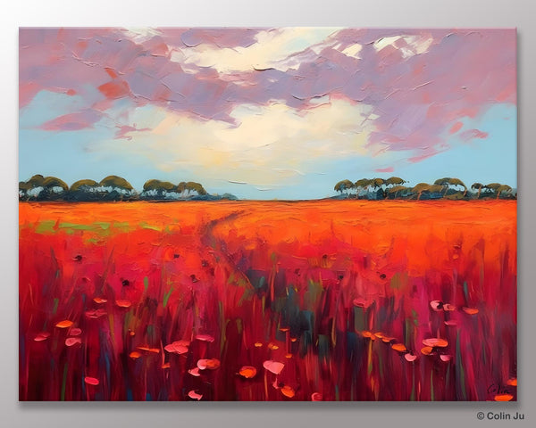 Acrylic Abstract Art, Landscape Canvas Paintings, Red Poppy Flower Field Painting, Landscape Acrylic Painting, Living Room Wall Art Paintings-Silvia Home Craft