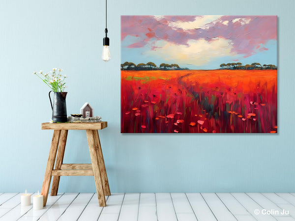 Acrylic Abstract Art, Landscape Canvas Paintings, Red Poppy Flower Field Painting, Landscape Acrylic Painting, Living Room Wall Art Paintings-Silvia Home Craft