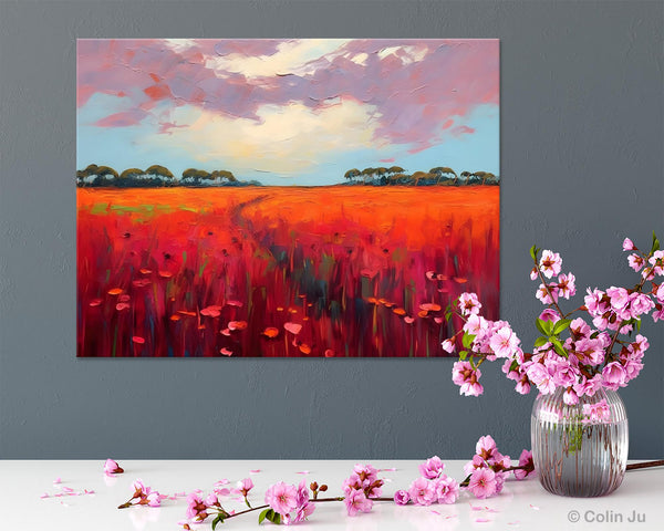 Acrylic Abstract Art, Landscape Canvas Paintings, Red Poppy Flower Field Painting, Landscape Acrylic Painting, Living Room Wall Art Paintings-Silvia Home Craft