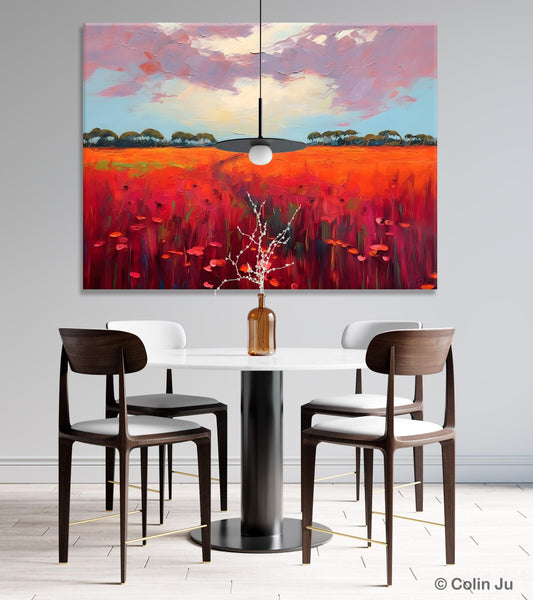 Acrylic Abstract Art, Landscape Canvas Paintings, Red Poppy Flower Field Painting, Landscape Acrylic Painting, Living Room Wall Art Paintings-Silvia Home Craft
