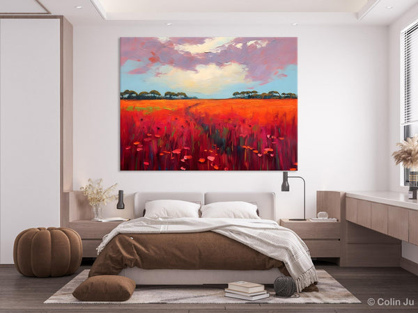 Acrylic Abstract Art, Landscape Canvas Paintings, Red Poppy Flower Field Painting, Landscape Acrylic Painting, Living Room Wall Art Paintings-Silvia Home Craft