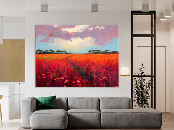 Acrylic Abstract Art, Landscape Canvas Paintings, Red Poppy Flower Field Painting, Landscape Acrylic Painting, Living Room Wall Art Paintings-Silvia Home Craft