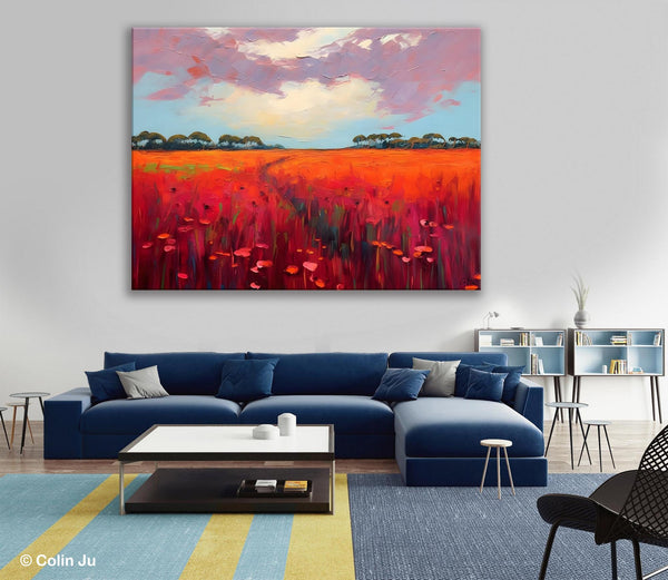 Acrylic Abstract Art, Landscape Canvas Paintings, Red Poppy Flower Field Painting, Landscape Acrylic Painting, Living Room Wall Art Paintings-Silvia Home Craft