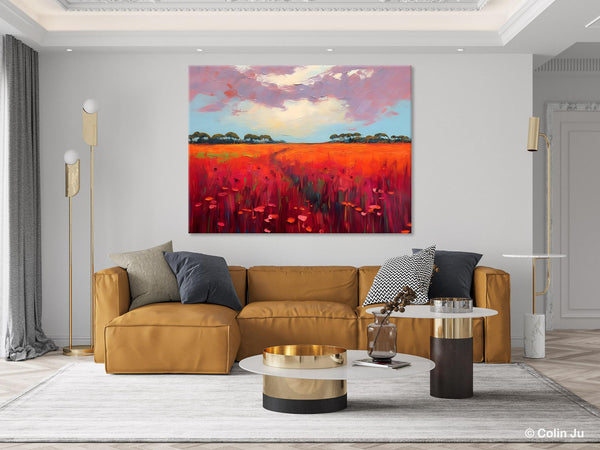 Acrylic Abstract Art, Landscape Canvas Paintings, Red Poppy Flower Field Painting, Landscape Acrylic Painting, Living Room Wall Art Paintings-Silvia Home Craft